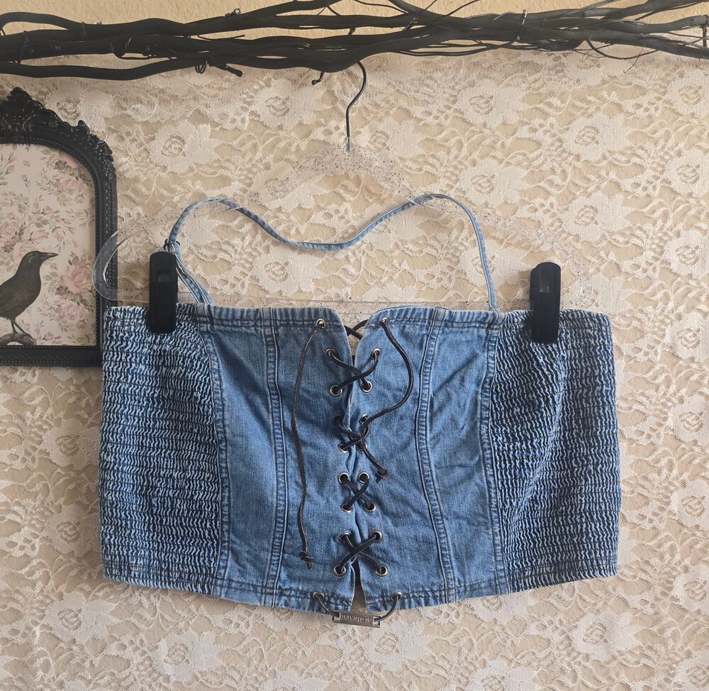 Authentic Vintage 80s Harley-Davidson Denim Smocked Lace-up Corset Halter Top